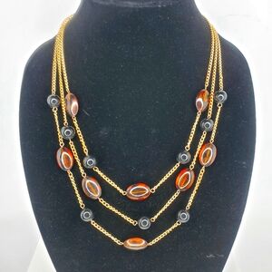Layered 3 Strand Draped Gold Tone Black Brown Large Beads Statement Necklace 22"
